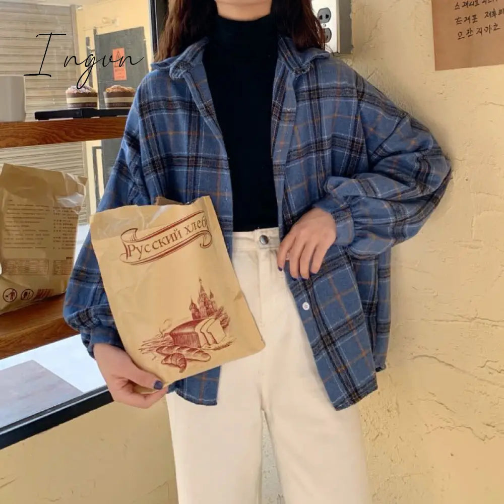 Ingvn - Women Blouses Turn-down Collar Spring Shirts Plaid All-match BF Batwing-sleeve Loose Outwear Harajuku Female 4 Colors Chic New