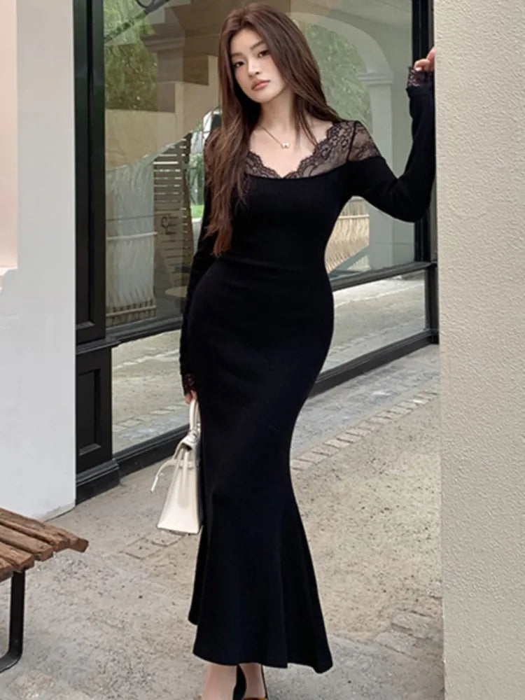 Autumn Lace Patchwork Womens Dresses Elegant V-Neck Bodycon Evening Party Mermaid Dress Slim Waist Midi Vestidos Female Clothing