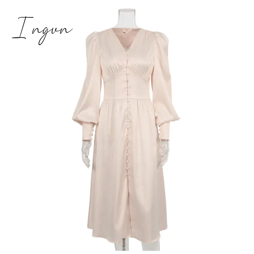Ingvn - Elegant spring satin bishop sleeve a-line dress women V-neck high waist button dress solid Vintage long dresses chic