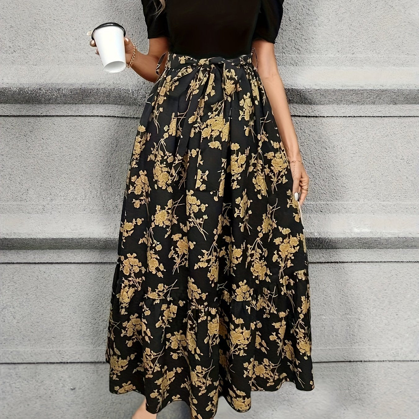 Lace Up Floral Print Splicing Dress, Elegant Crew Neck Short Sleeve Dress For Spring & Summer, Women's Clothing
