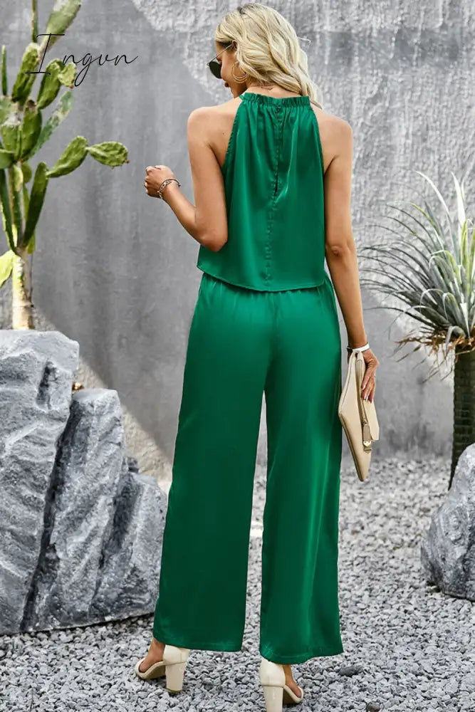 Ingvn - Grecian Neck Sleeveless Pocketed Top and Pants Set