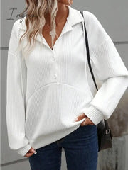 Ingvn - Women's Sweatshirt Pullover Basic Button Drawstring White Solid Color Casual V Neck Long Sleeve Top Micro-elastic Fall & Winter