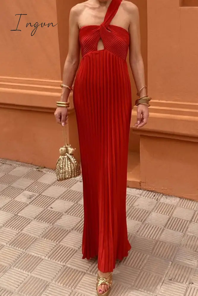 Sexy Solid Backless Pleated Oblique Collar Pleated Dresses