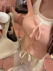 Ingvn - Pure Color Fake Two Pullover Korean Style Y2k Crop Tops Woman Slim Causal Long Sleeve Knitted Sweater Clothing 2023 Spring Chic