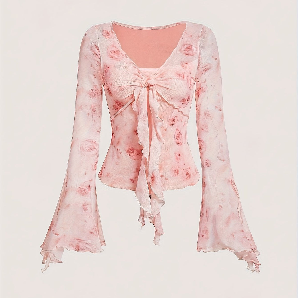 [Slim Floral Print Knot Tee] Floral Print Knot Front Slim T-Shirt, Elegant Flare Sleeve T-Shirt For Spring & Fall, Women's Clothing