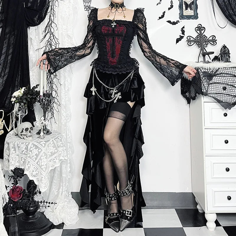 Mall Gothic Vintage Lace T-shirt Women Palace Style Sexy Cross Lace Patchwork Square Collar Flare Sleeve Crop Tee Tops