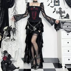 Mall Gothic Vintage Lace T-shirt Women Palace Style Sexy Cross Lace Patchwork Square Collar Flare Sleeve Crop Tee Tops
