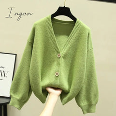 Ingvn - Oversized Cardigan Women Spring Casual Solid V Neck Long Sleeve Cardigan Sweater Female Knit Jacket Coat Green Pink