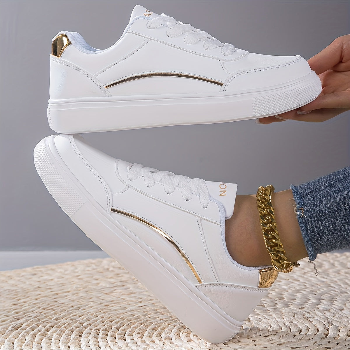 Plus Size Women's White Comfort Low-top Lightweight Flat Soft Sole Lace Up Casual Solid Color Sneakers