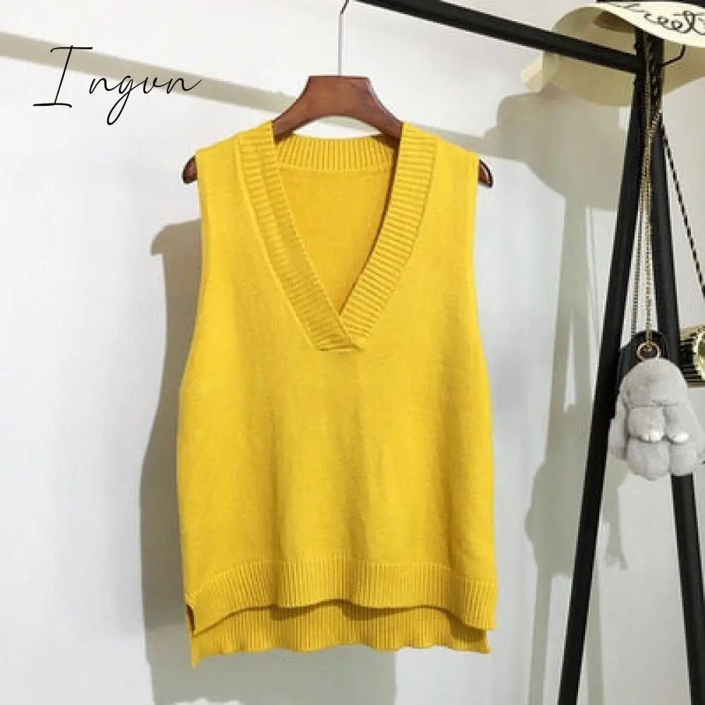 Ingvn - Autumn Women's Sweater Vest V-neck Sleeveless Irregular Casual Loose Knitted Pullover Tops Female Outerwear