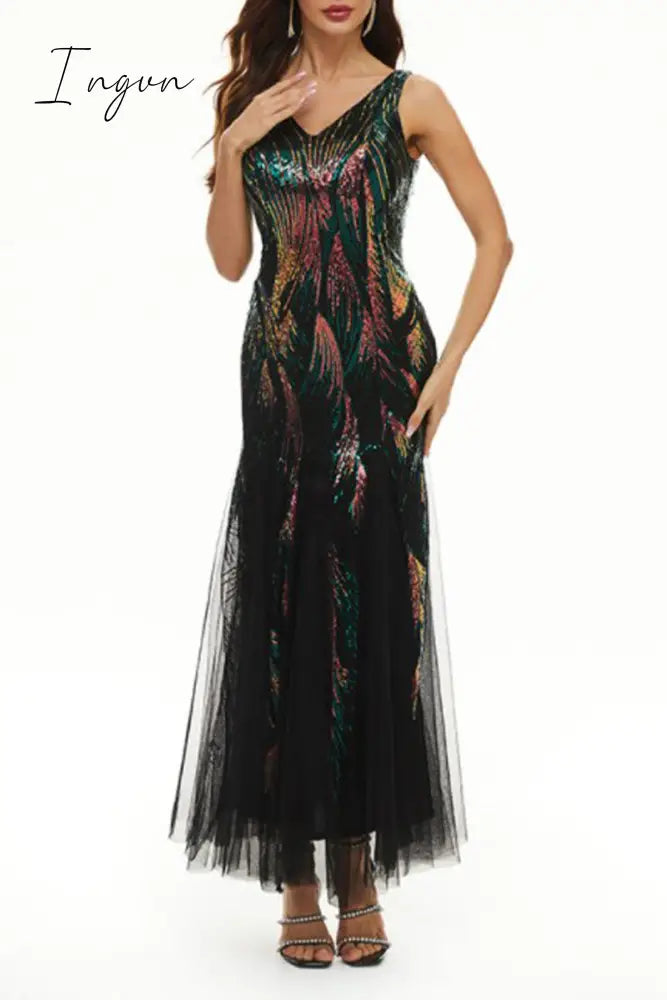 Ingvn - Celebrities Elegant Color Block Patchwork V Neck Evening Dress Dresses