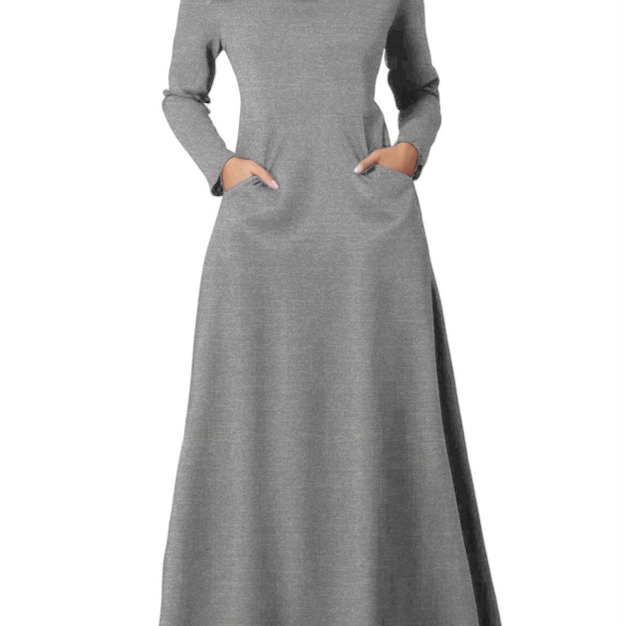 Elegant Long Sleeve Maxi Fit and Flare Dress with Pockets - Soft High Elasticity Polyester Fabric, Solid Color, Cowl Neck, Comfortable for All Seasons - Womens Everyday Wear