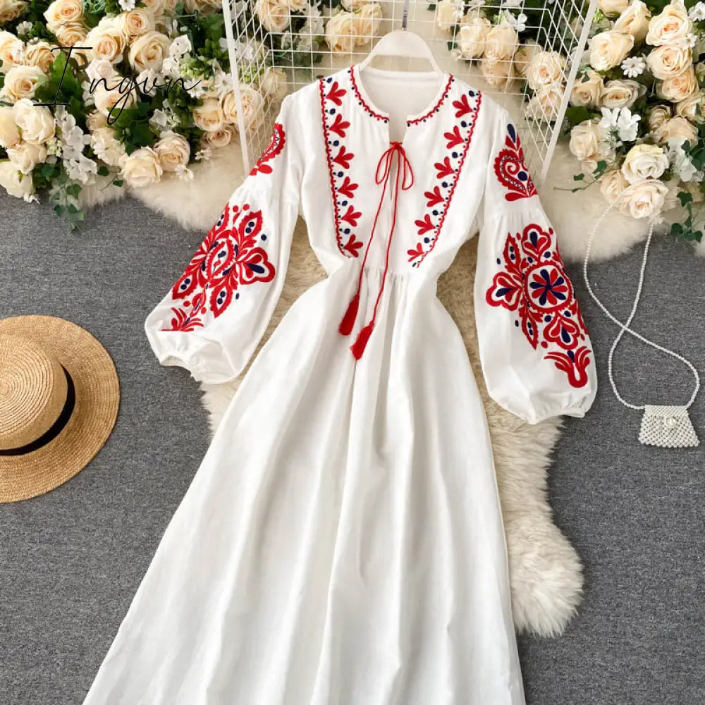 Ingvn - Women Autumn Dresses Bohemian Embroidered Flower O-Neck Lantern Sleeve High Waist Pleated Dress All-match Female Vestidos GK393