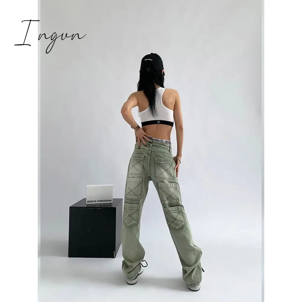 Ingvn - Women's Green Jeans Vintage Washed Multiple Pockets Wide Leg Pants Casual Street High Waist Baggy Denim Trouser Ladies Summer