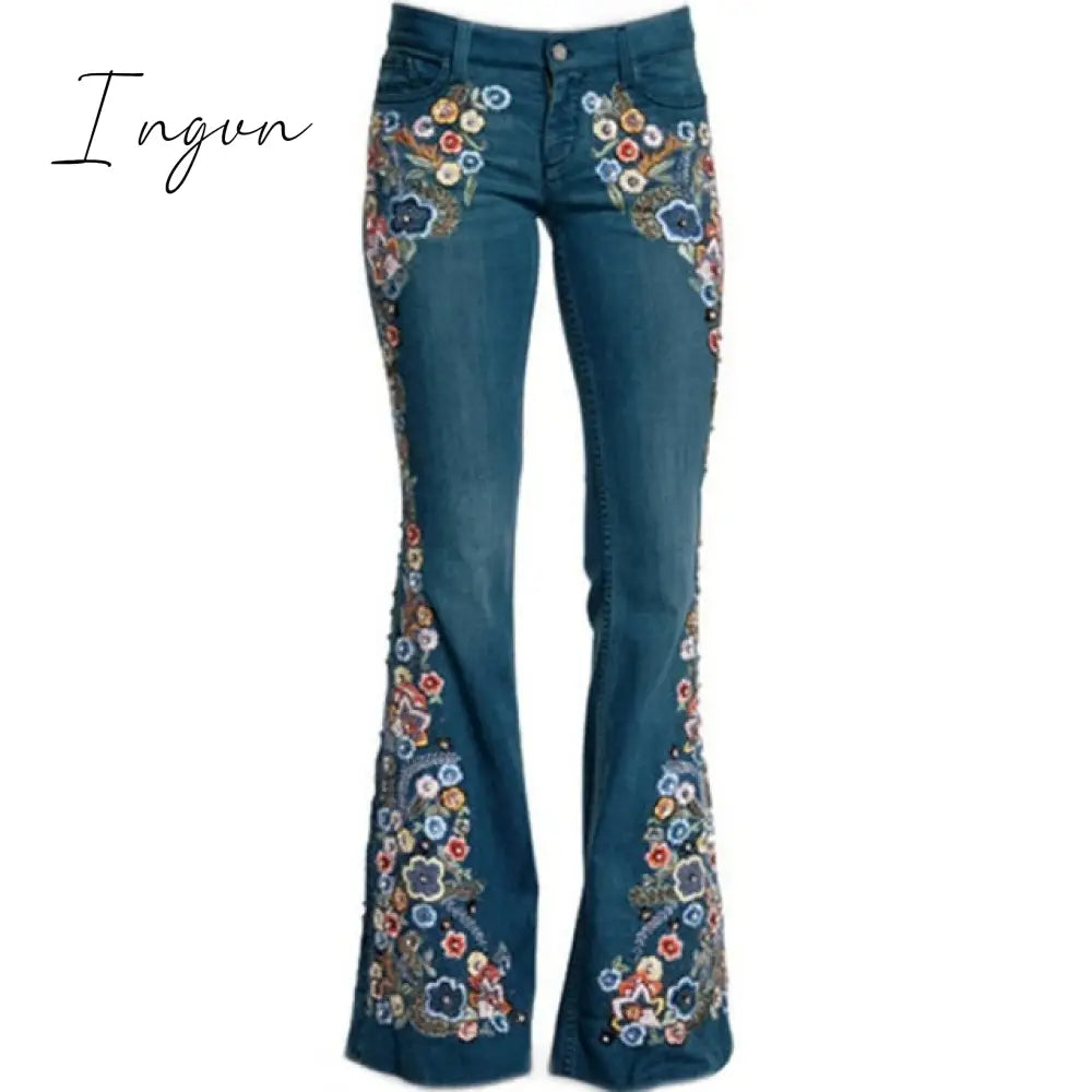 Ingvn - Trends Hot Sale Women Embroidered Bell Bottoms Skinny Jeans Floral Flared Jeans Ladies Spring Casual Denim Pants XS-4XL