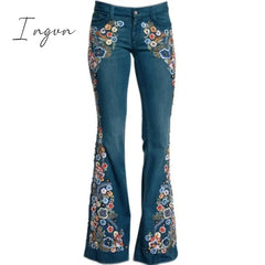 Ingvn - Trends Hot Sale Women Embroidered Bell Bottoms Skinny Jeans Floral Flared Jeans Ladies Spring Casual Denim Pants XS-4XL