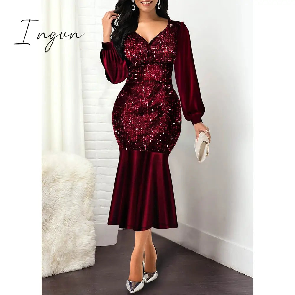 Ingvn - Women Dress Summer Elegant Sexy V Neck Sequine Evening Wedding Party Dress Plus Size High Waist Bodycon Mermaid Dresses 5XL