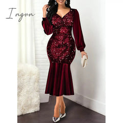 Ingvn - Women Dress Summer Elegant Sexy V Neck Sequine Evening Wedding Party Dress Plus Size High Waist Bodycon Mermaid Dresses 5XL
