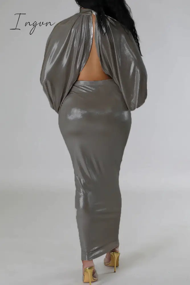 Ingvn - Sexy Street Solid Patchwork Fold O Neck Long Sleeve Two Pieces
