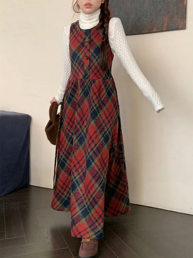 Winter Plaid A-line Skirt Women Clothing Woolen Vest Dress Sweet Age Reduction Vintage Dresses Korean Fashion Vestidos