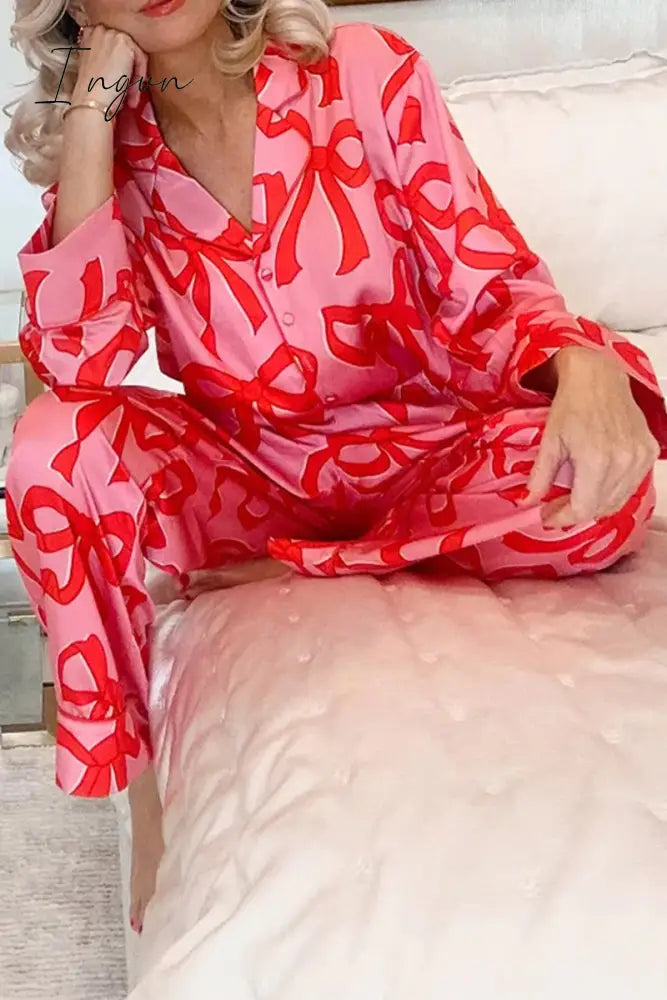 Ingvn - Casual Living Geometric Print Pocket Turndown Collar Long Sleeve Two Pieces