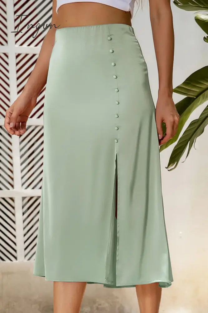 Ingvn - Decorative Buttons Split Midi Skirt