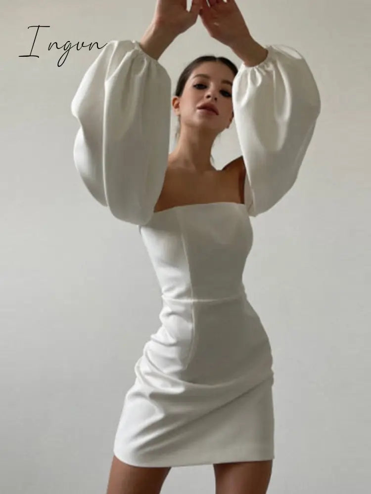 Ingvn - Women Sexy Off The Shoulder White Dress Elegant Puff Sleeve High Waist Mini Party Bodycon Dress Summer New Fashion Dresses