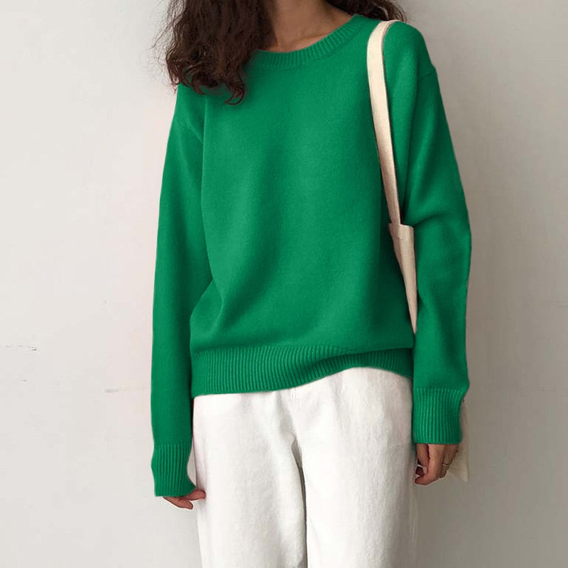 Voguable Elegant Women Sweater Oversized Knitted Basic Pullovers O Neck Loose Soft Female Knitwear Jumper