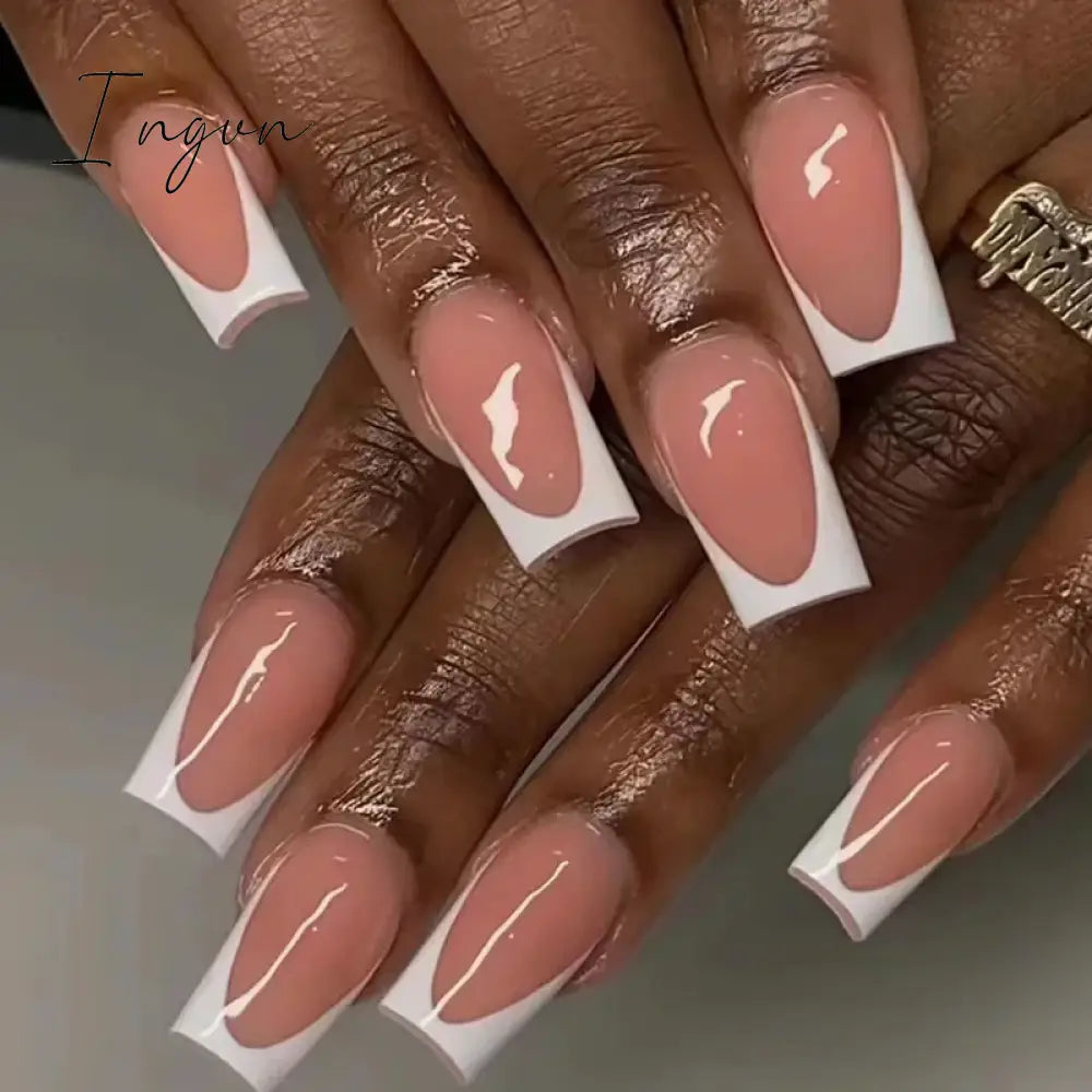24Pcs French Tip  Press on Nails Short Coffin False Nails Simple Wearable Fake Nails Frosted Full Cover Press on Nail Tips Art