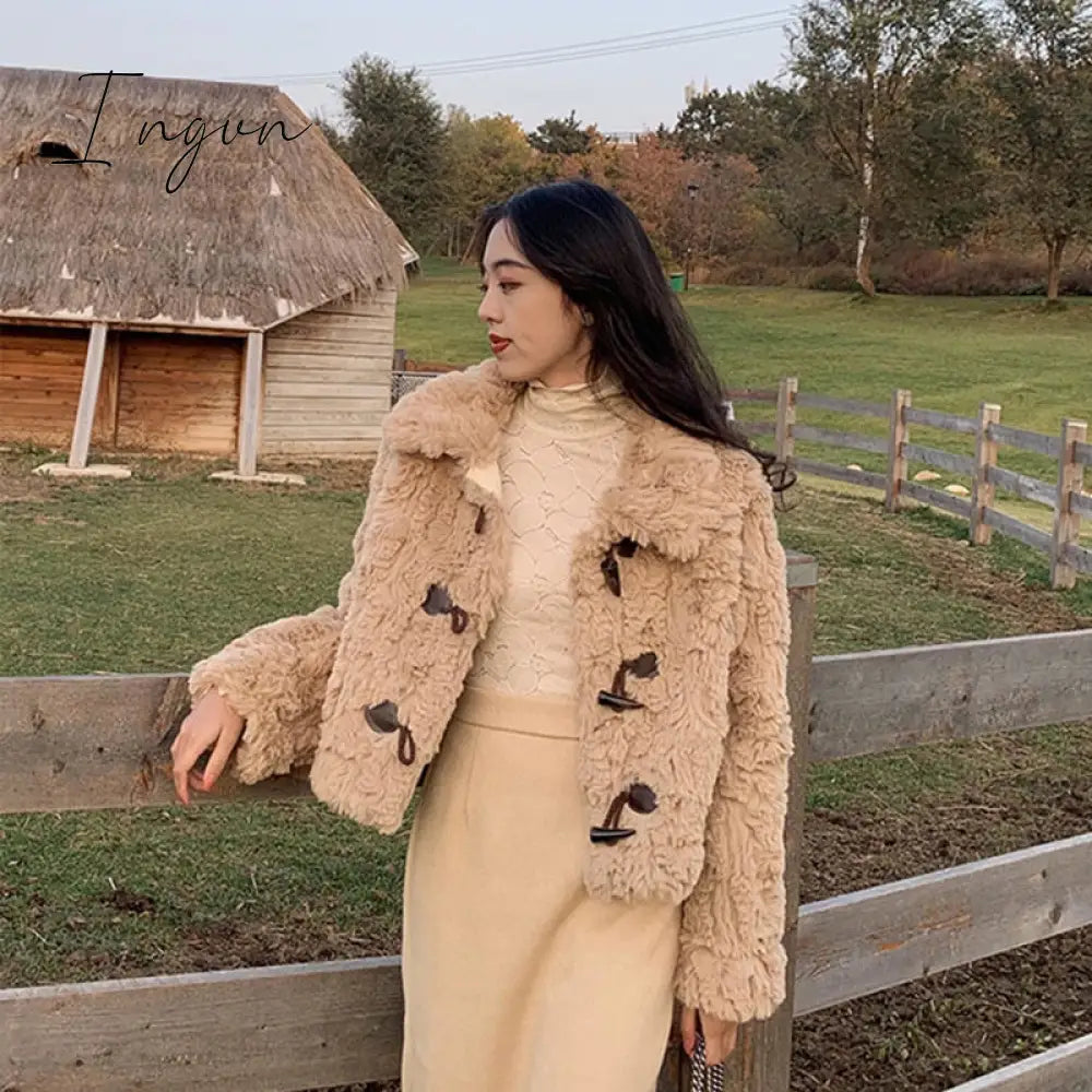 Ingvn - Elegant Winter Plush Jacket Women Warm Kawaii Korean Fashion Office Ladies Coat All-Match Vintage Harajuku Girls Cardigan