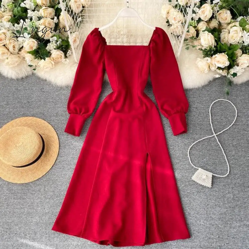 Ingvn - Women Autumn New Split Dress French Retro Square Collar Waist Hugging Slim Puff Sleeve Beading Midi Dress Female Vestidos PL487
