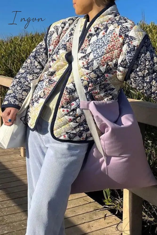 Ingvn - Casual College Floral Pocket Mandarin Collar Outerwear