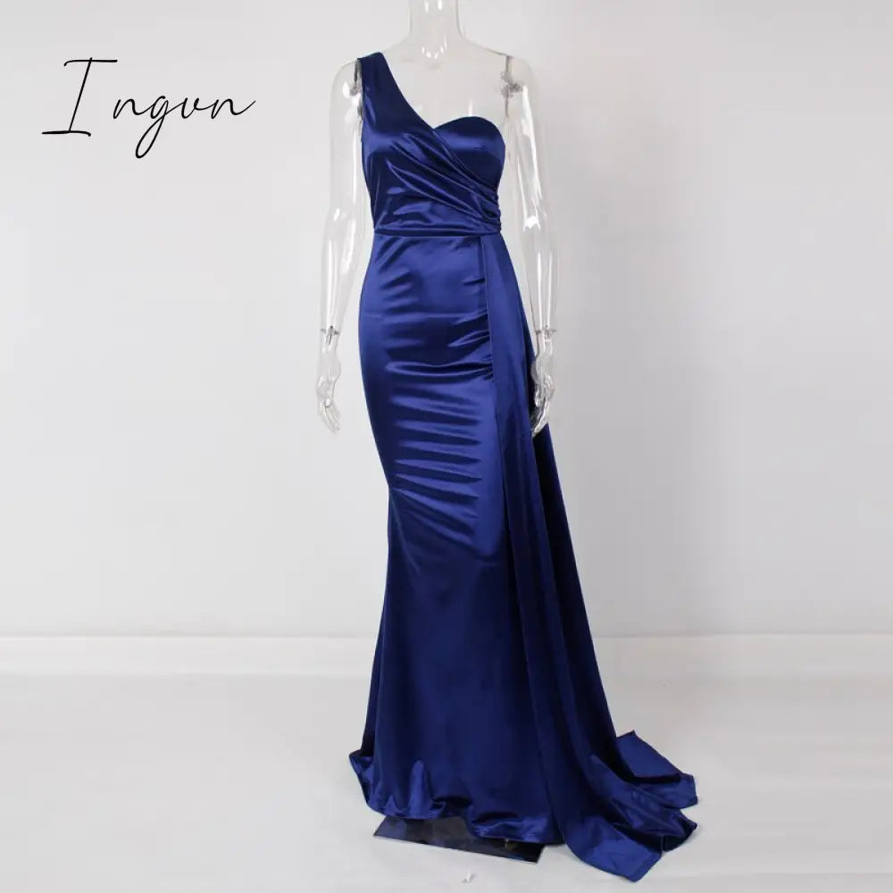 Ingvn - One Shoulder Padded Sexy Satin Maxi Dress Women's Evening Party Dress Gown with Ribbon Royal Blue Green Draped Long Dress