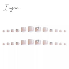 Summer Classic White French False Foot Nails Flash Toenail Press On Short Square Fake Toe Nails Silver Diamond Glitter Nail Tips