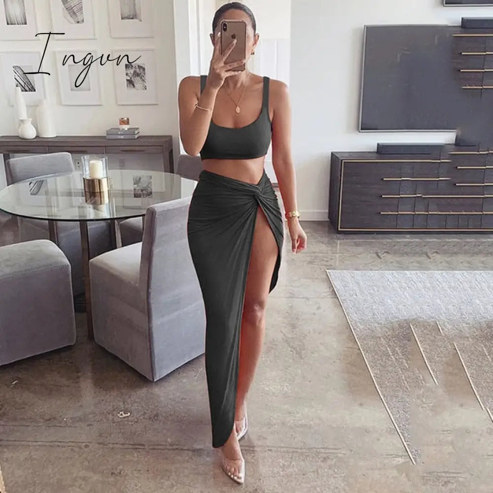 Ingvn - Sexy Party 2 Piece Set Women Plus Size Crop Top Twist Side Split Long Skirts Matching Sets Club Two Piece Outfits