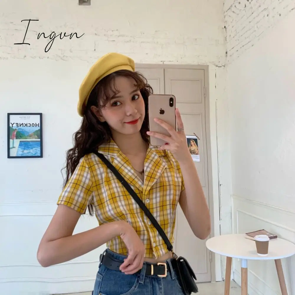 Ingvn - Summer blouse women vintage crop shirt streetwear plaid ladies tops elegant button up shirt korean crop top red