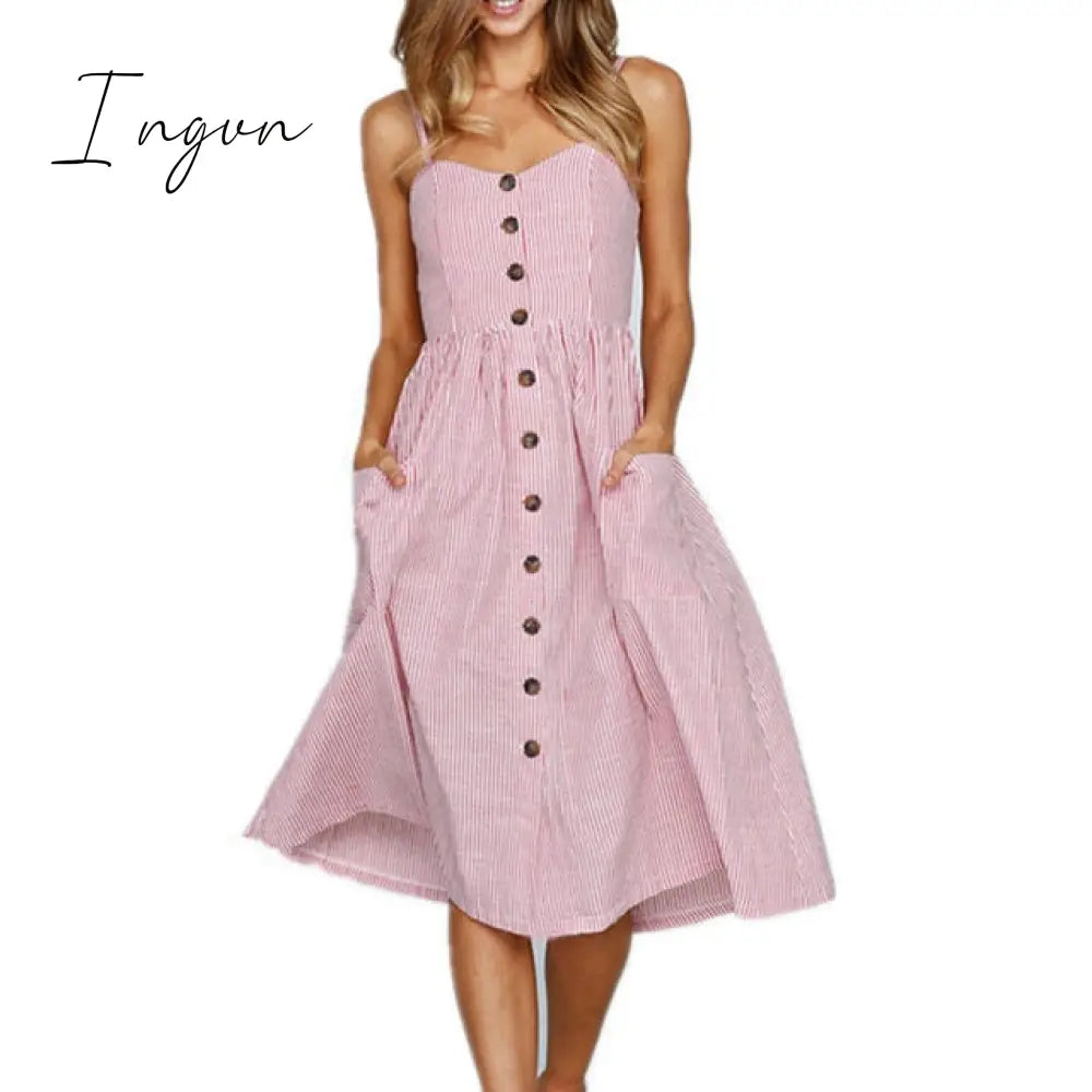 Ingvn - Vintage Casual Sundress Female Beach Dress Midi Button Backless Polka Dot Striped Women Dress Summer Boho Sexy Floral Dress