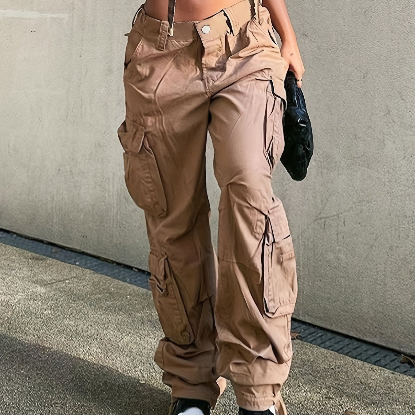 Girl's Wide Legs Baggy Cargo Pants with 2 Flap Pockets, Y2K Style Jeans, Vintage Kpop Inspired Women's Denim Clothing