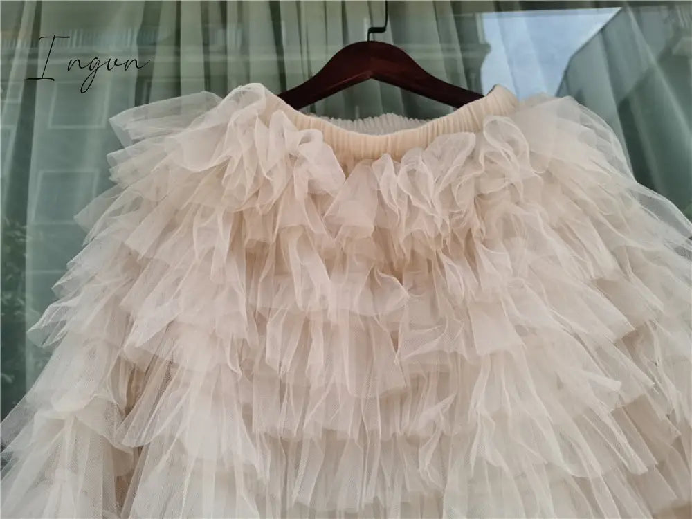 Ingvn - jupe femme Spring Party Skirt Elastic High Waist Long Tulle Skirt Women Multilayer ruffles Pink Mesh Tutu Skirt Ladies