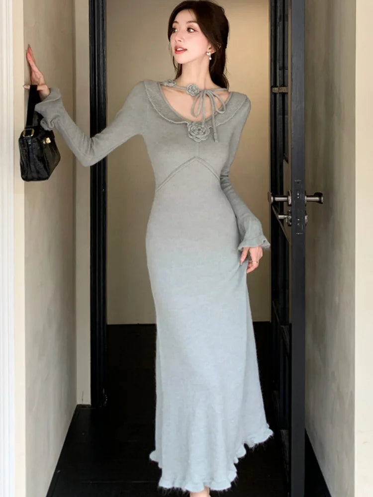 Elegant Solid Knitted Dress for Women Vintage French Flare Sleeve Bodycon Princess Evening Party Womens Dresses Slim Vestidos