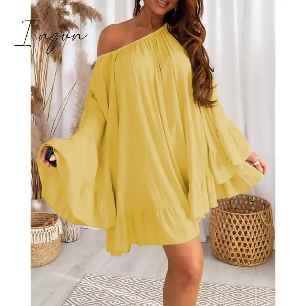 Ingvn - Summer Women Bell Sleeve Ruffle Hem Dress Slash Neck Mini A Line Sweet Dresses Oversized Outfits Robe Clothing