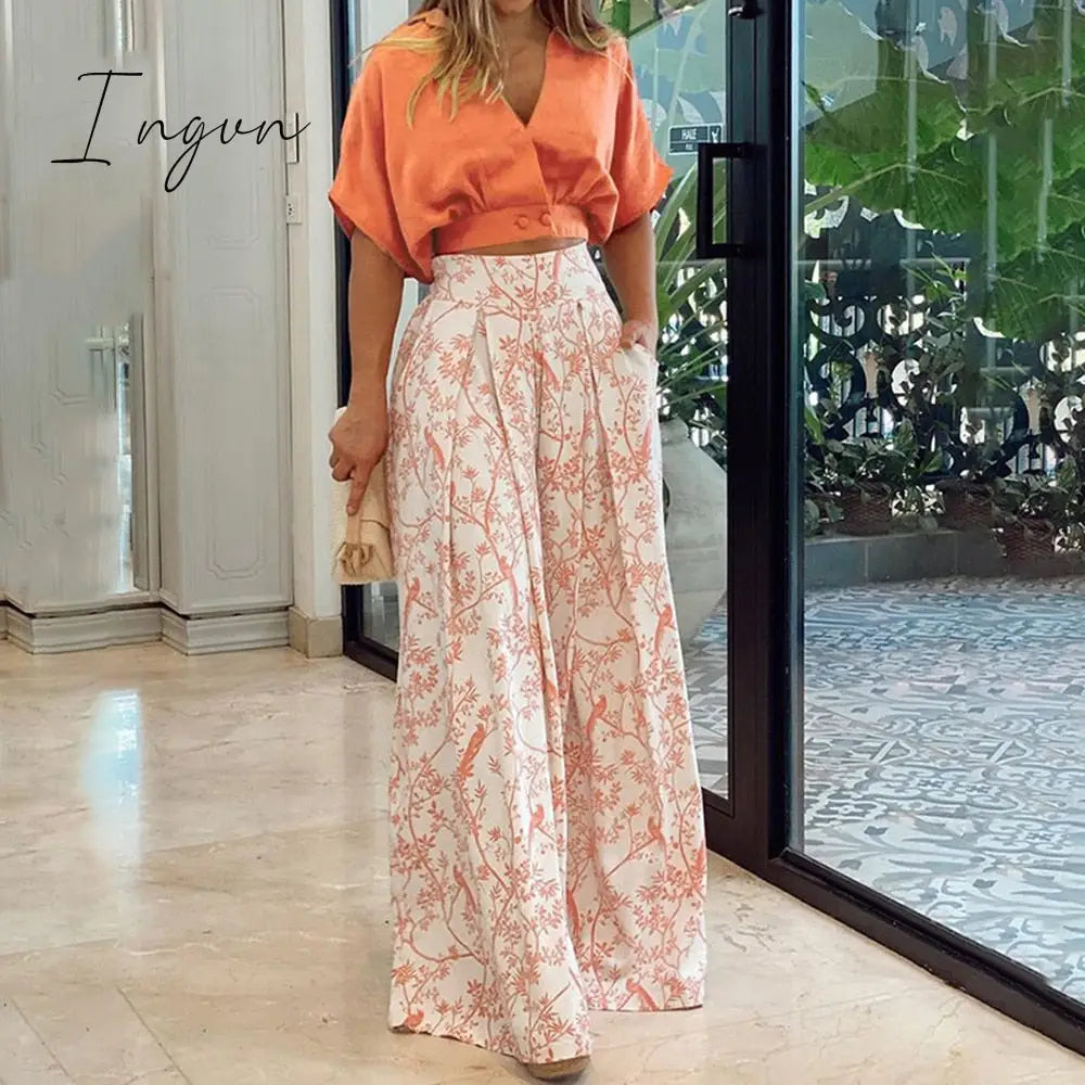 Ingvn - 2023 Fashion Summer Autumn Two Piece Sets Womens Fashion Sexy Mid Sleeve Shirt Elgant Floral Print Wide Leg Pant Suit Casual 2pcs Set Women