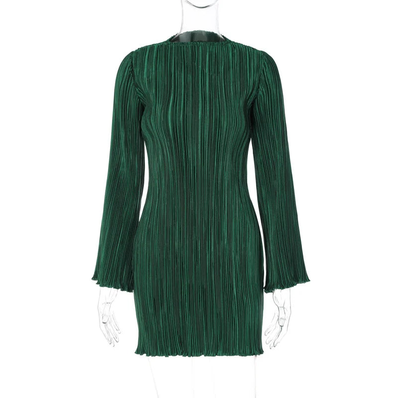 Sexy Flare Sleeve O Neck Pleated Mini Dress For Women Robe Autumn Long Sleeve Ruched Short Dress Clubwear Vestido
