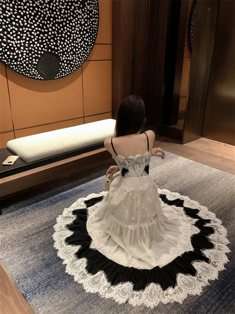 Vintage Fashion Women's Black Beige Patchwork Elegant Pleated Evening Party Dress French Summer Sleeveless Backless Slip Dresses
