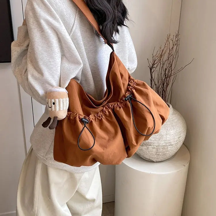 Ingvn  New Pleated Casual Crossbody Bag Student Nylon Shoulder Bag Fashionable Commute Car Stitching Hobo Bag