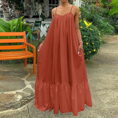 Ingvn - Summer Dress Women Sexy Short Sleeve Ruffled Maxi Long Dress Casual Loose Solid Pleated Beach Vestido Robe Plus Size