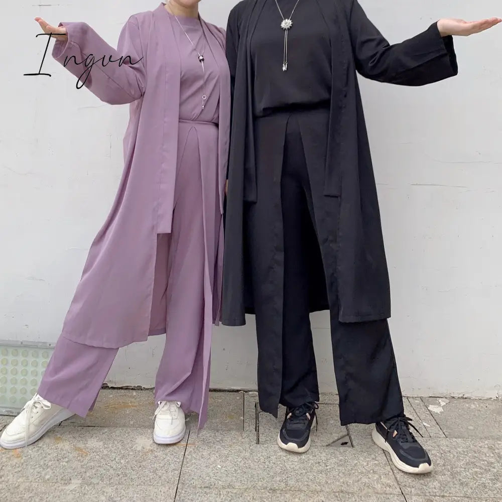 Ingvn - Spring Outfits Trends Women Solid Color Vest Wide Leg Pants Cardigan Coats 3-Piece Sets Fashion Design Arab Islamic Dubai Female Elegant Suit