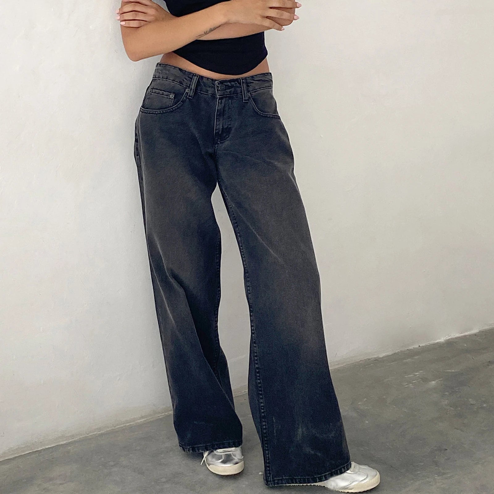 Women's Denim Pants Low Waist Wide Leg Trousers with Pockets Spring Summer Casual Loose Jeans