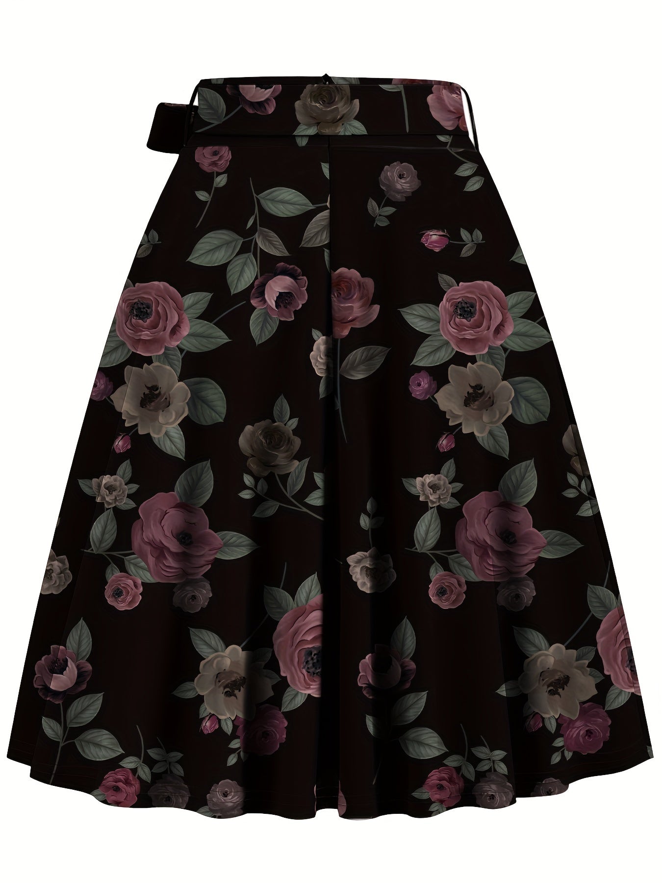 Floral Print High Waist Skirt, Elegant Belted Flared Midi Skirt, Women's Clothing