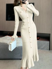 Solid Knitted Dresses for Women Autumn Single Breasted Chic Flared Sleeve Ruffles Hem Casual Female Office Elegant Robes